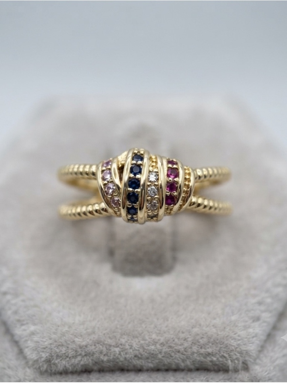 Gold Multi-Stone Ring with Blue, Pink and Clear Accents